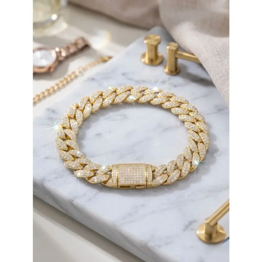 Luxury Gold Vermeil Moissanite Iced Out Cuban Link Bracelet 8